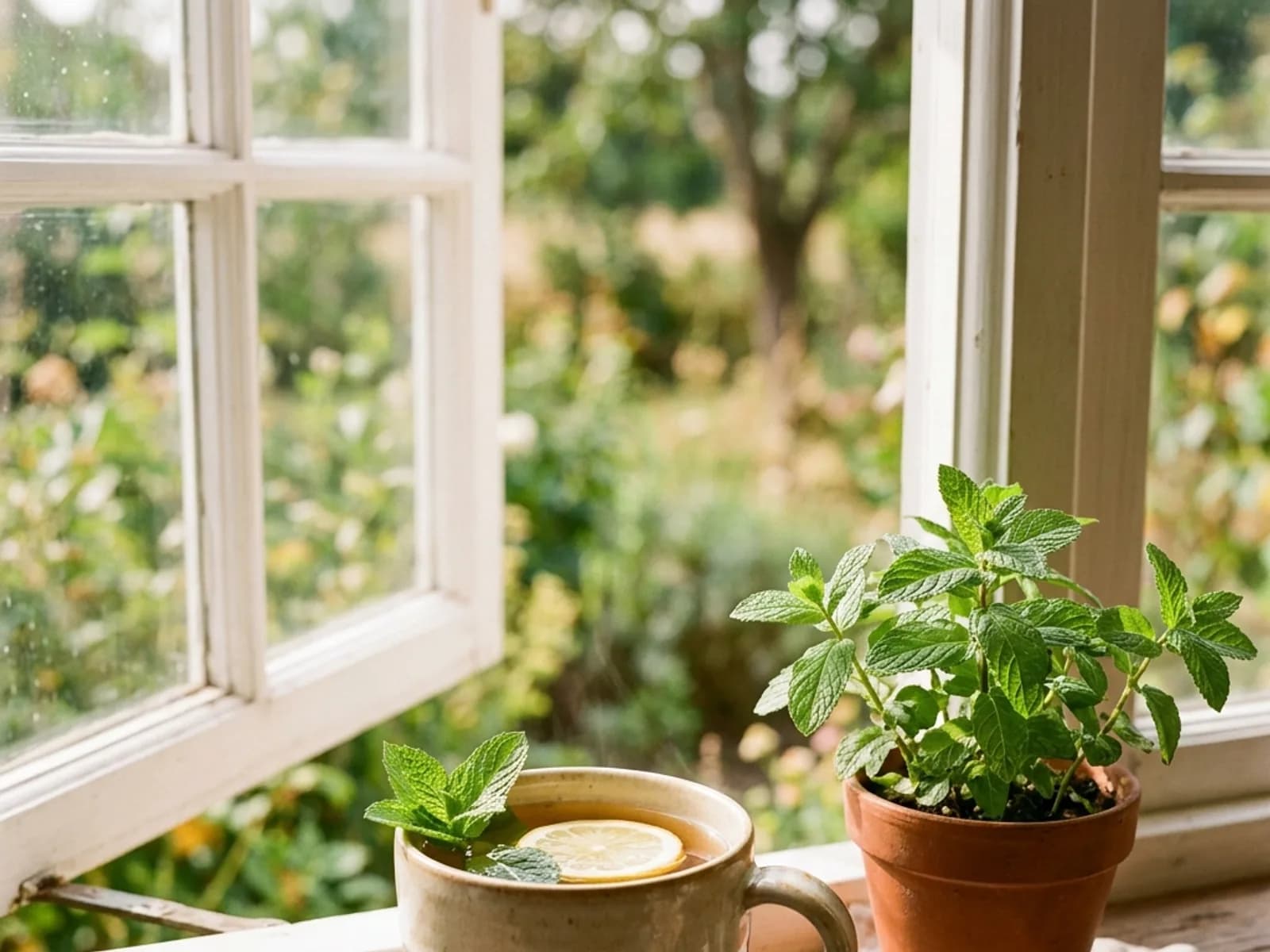 A mug of herbal tea with lemon and fresh mint on a sunny windowsill beside a small potted herb.